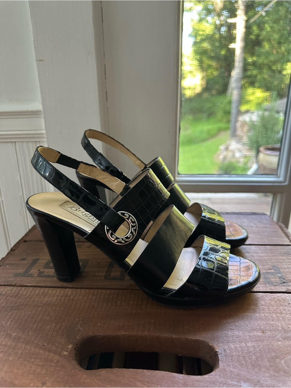 Brighton Villa Black Leather Croc Embossed Slingback Heels Made in Italy